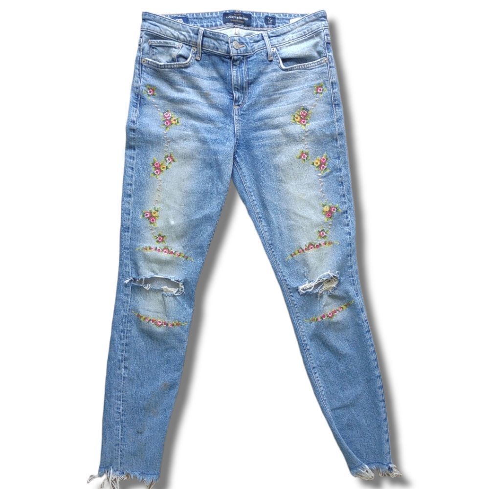 Lucky Brand Blue Jeans Ava Skinny Distressed Needlepoint Flowers Raw Hem 28